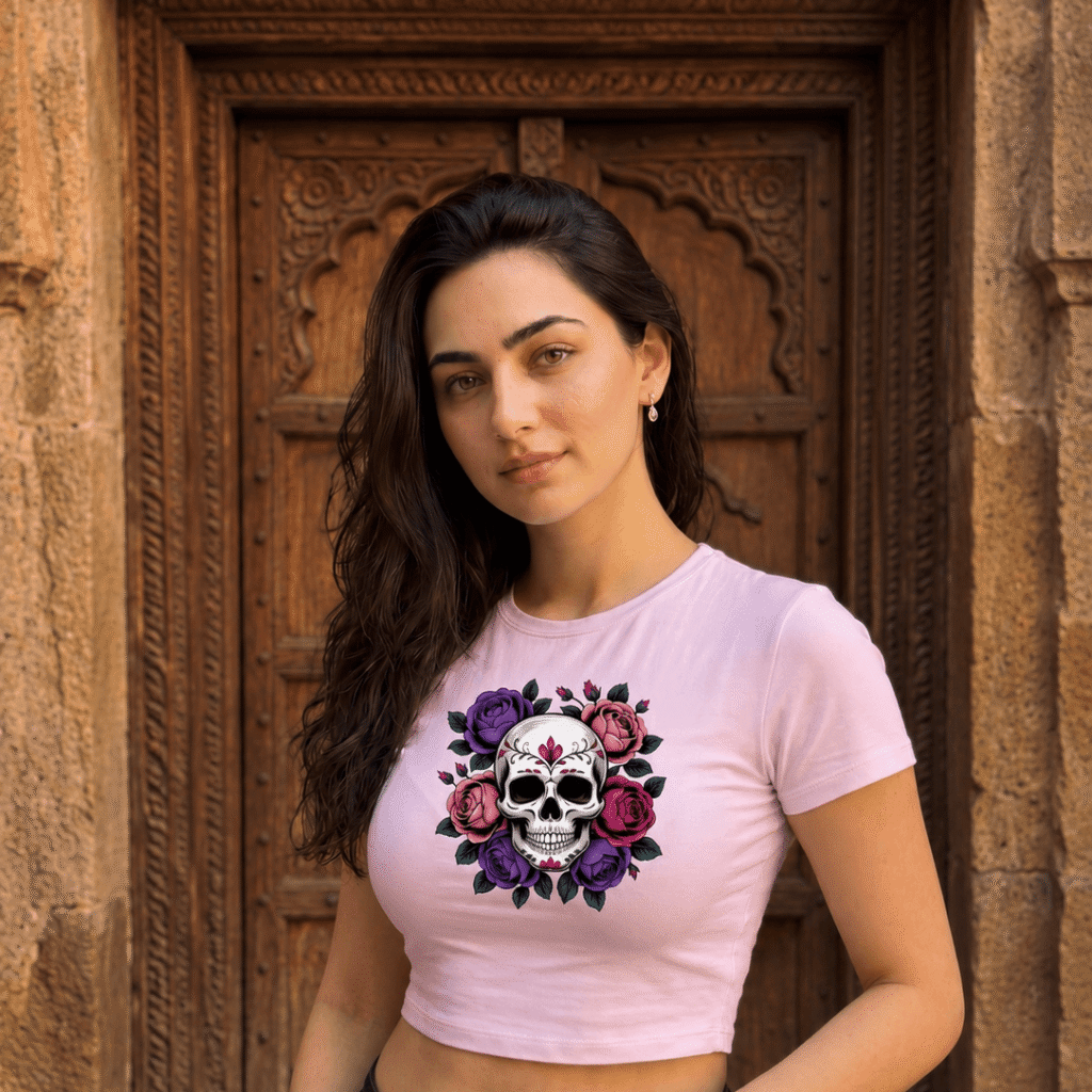 Floral Skull Baby Tee – Gothic Aesthetic Crop Top for Women