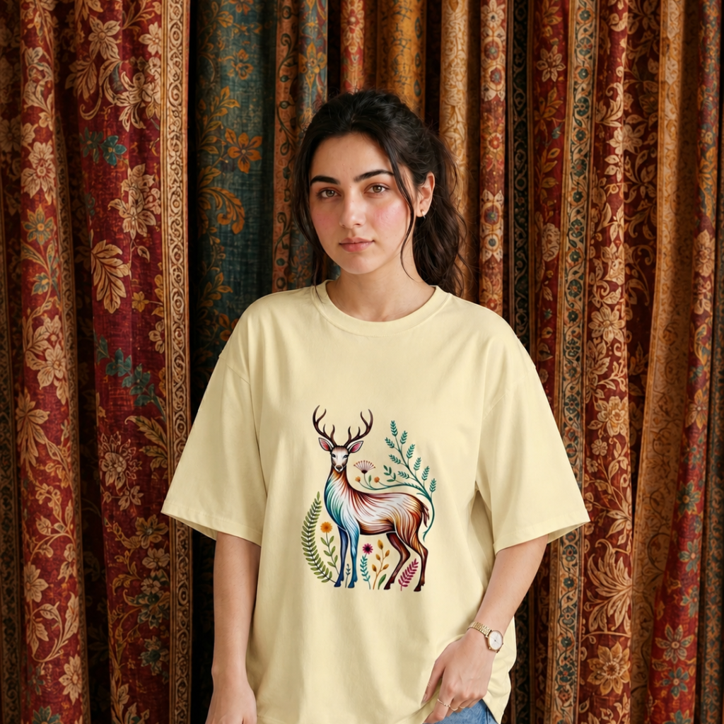 Floral Deer Women's Oversized T-Shirt – Nature Inspired Tee