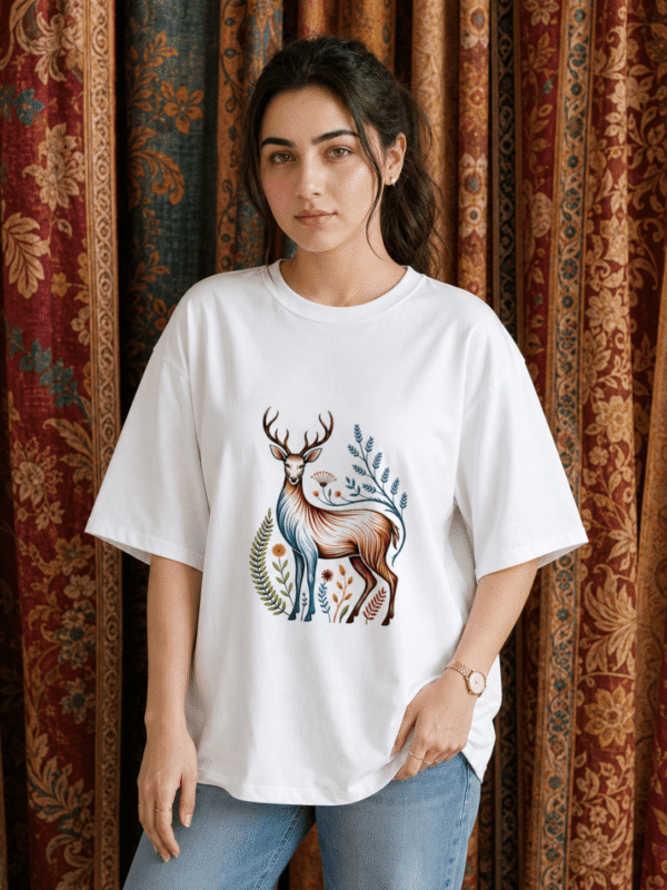 Floral Deer Women's Oversized T-Shirt – Nature Inspired Tee