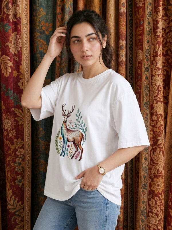 Floral Deer Women's Oversized T-Shirt – Nature Inspired Tee