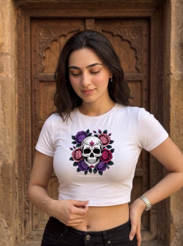 Floral Skull Baby Tee – Gothic Aesthetic Crop Top for Women