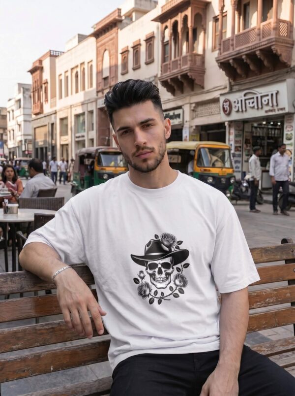 white3 Skull Cowboy Oversized T-Shirt – Streetwear Unisex Tee